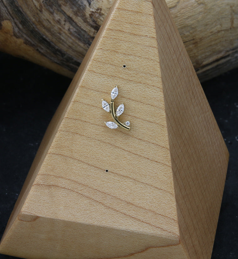 Gold PVD Leaf Clear CZ Threadless Titanium Top