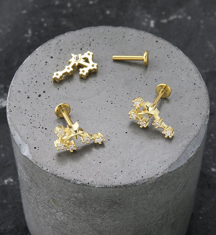 Gold PVD Libra Constellation Clear CZ Stainless Steel Internally Threaded Labret