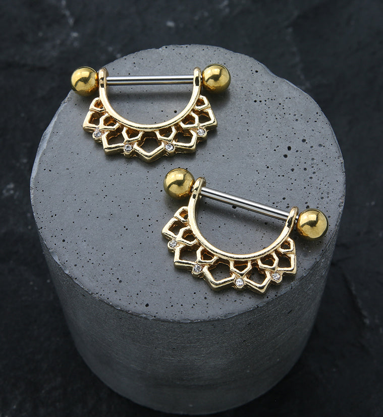 Gold PVD Lotus Flower Clear CZ Row Nipple Ring Barbell