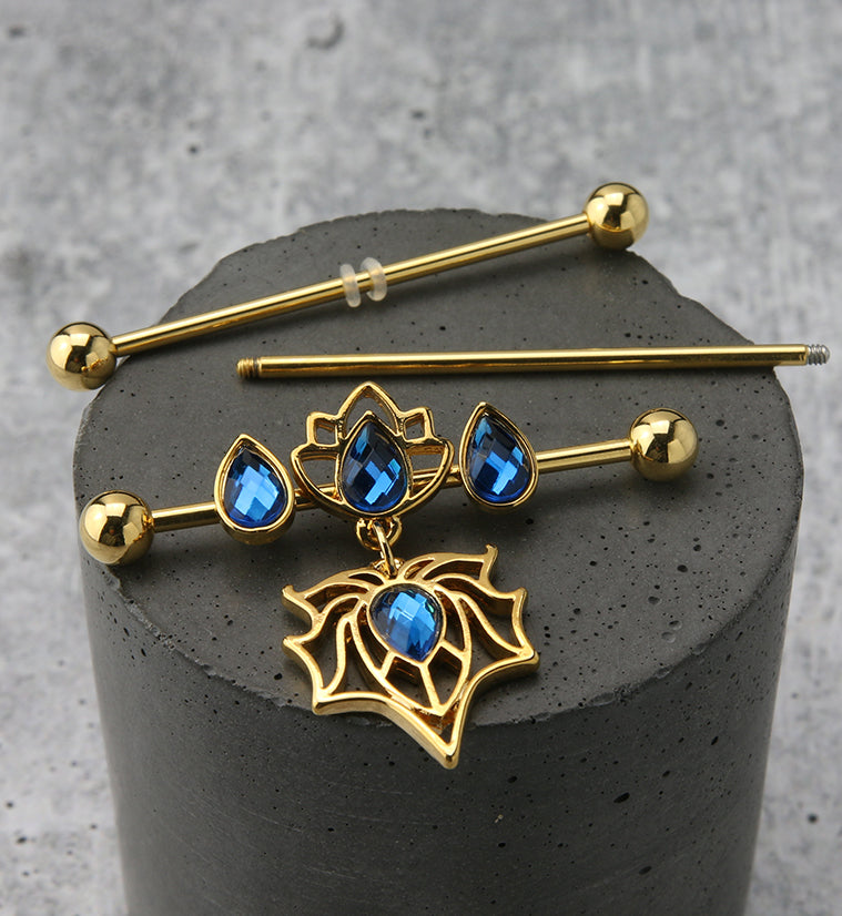 Gold PVD Lotus Spider Blue CZ Industrial Barbell