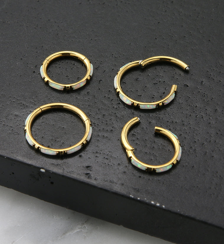 Gold PVD Oblong White Opalite Edge Hinged Segment Ring