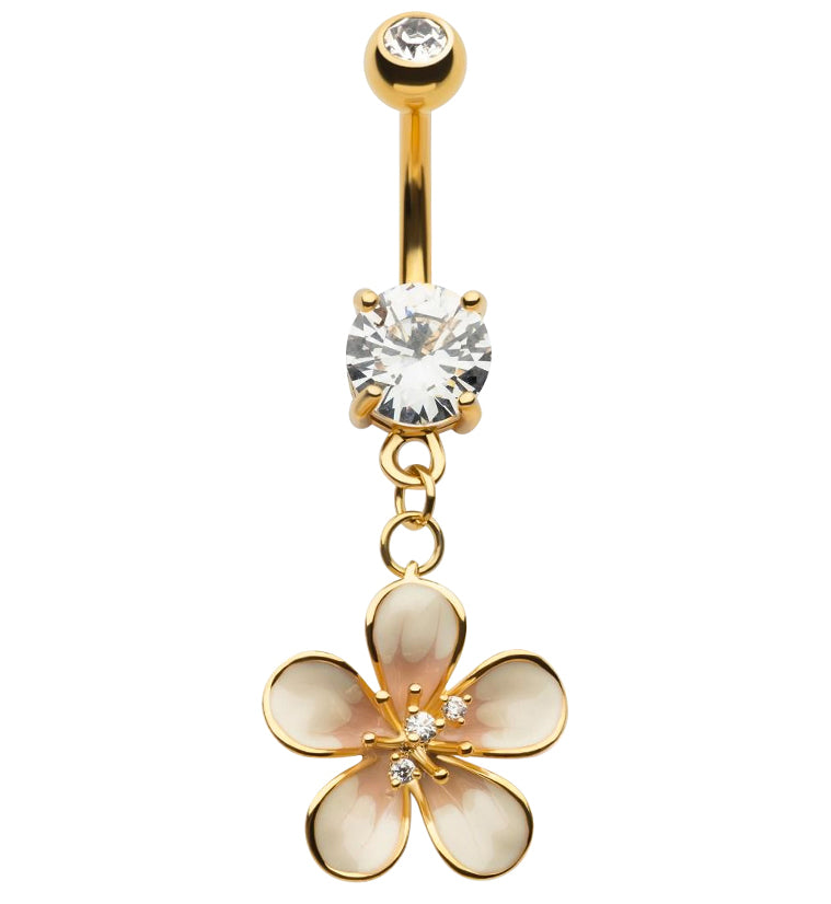 Gold PVD Painted White Flower Clear CZ Dangle Belly Button Ring