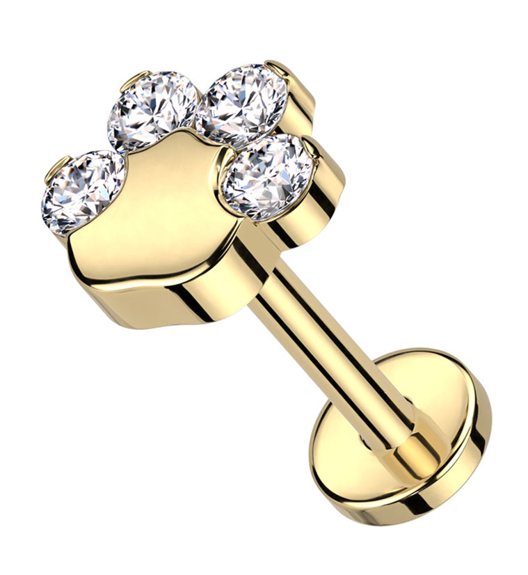 Gold PVD Paw Print Clear CZ Titanium Threadless Labret
