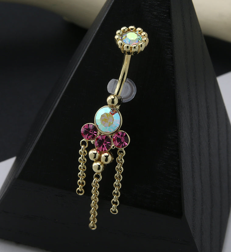Gold PVD Pink and Rainbow Aurora CZ Array Dangle Chain Belly Button Ring