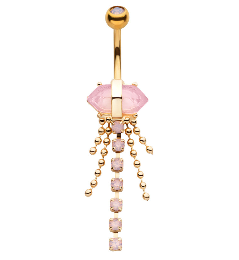 Gold PVD Pink Crystal Bead Chain Stainless Steel Belly Button Ring