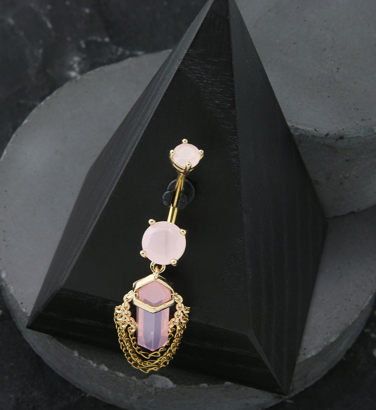 Gold PVD Pink Crystal Multi Dangle Chain Stainless Steel Belly Button Ring