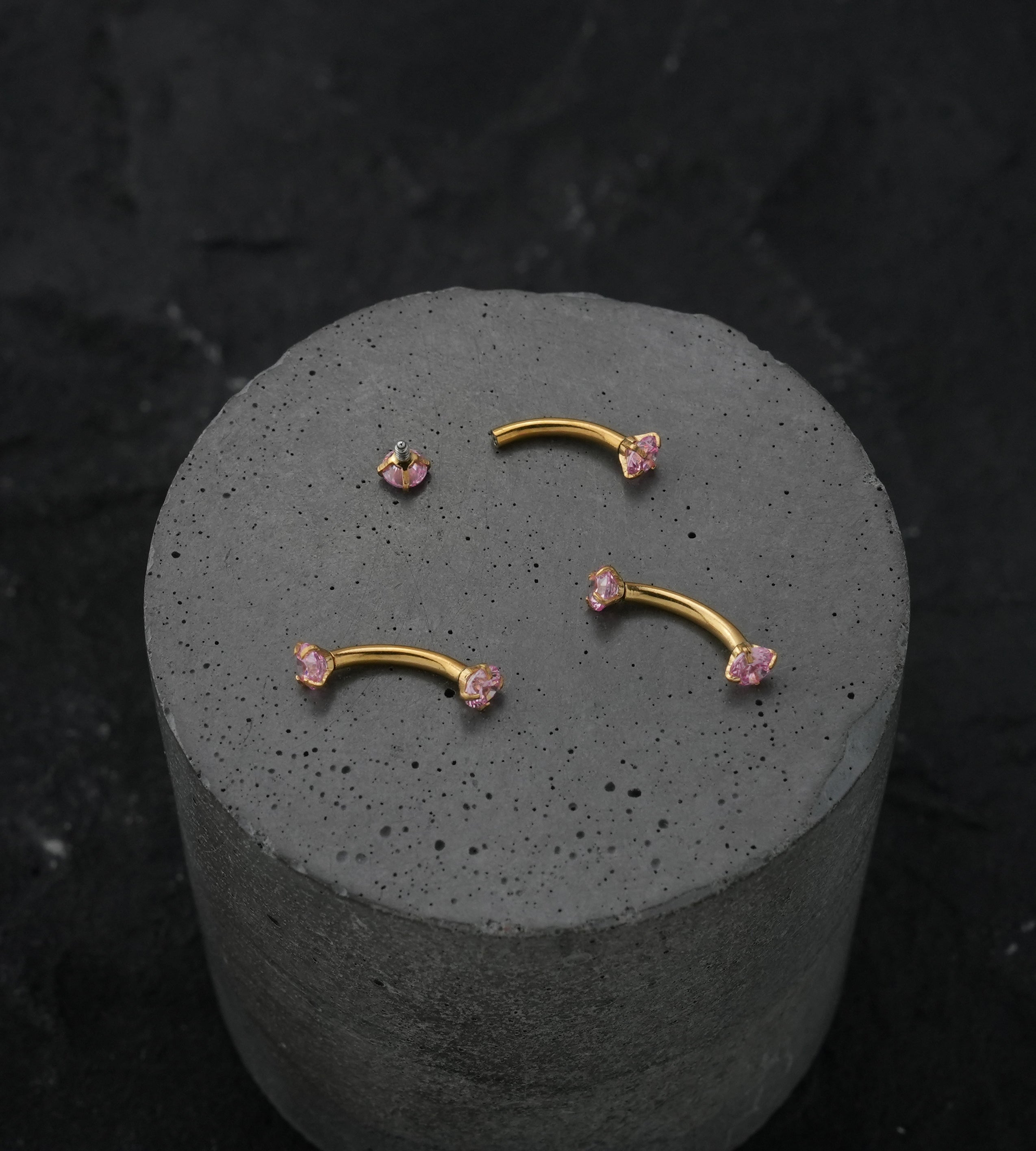 Gold PVD Pink CZ Prong Set Stainless Steel Curved Barbell