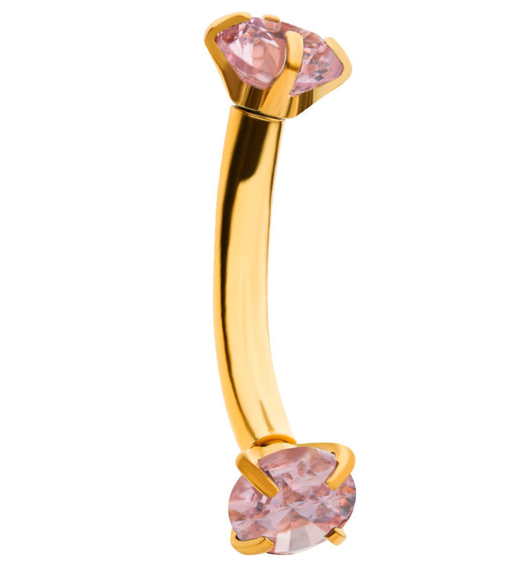 Gold PVD Pink CZ Prong Set Stainless Steel Curved Barbell