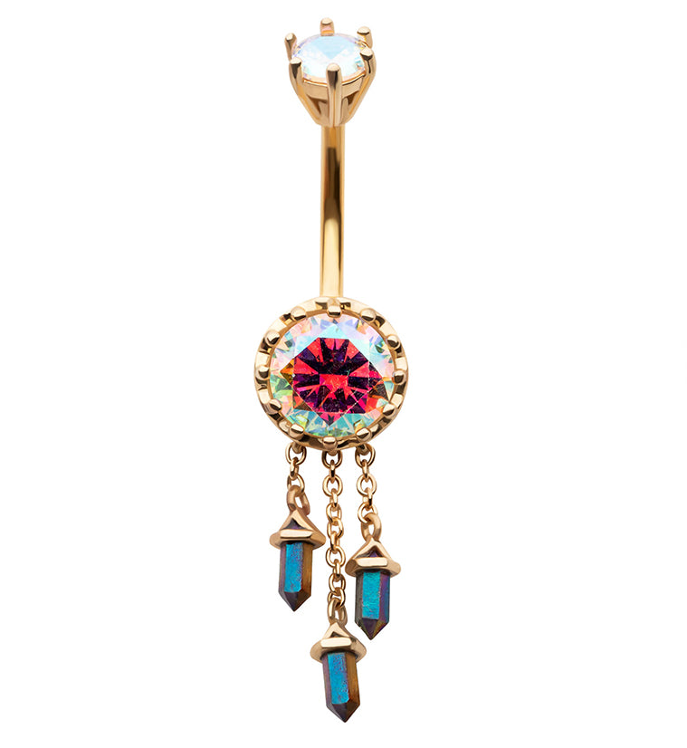 Gold PVD Rainbow Aurora Crystal Dangle Stainless Steel Belly Button Ring