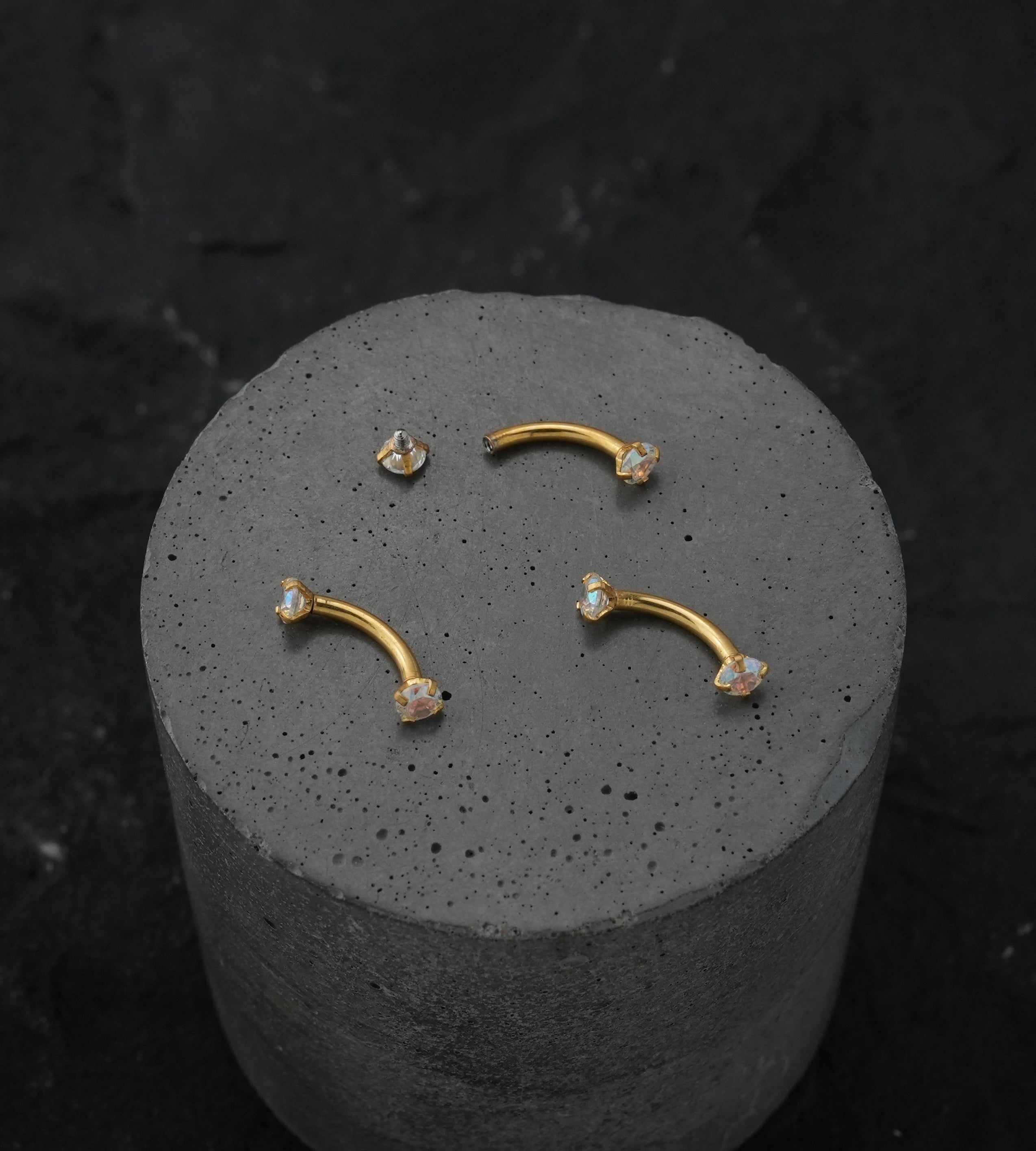 Gold PVD Rainbow Aurora CZ Prong Set Stainless Steel Curved Barbell