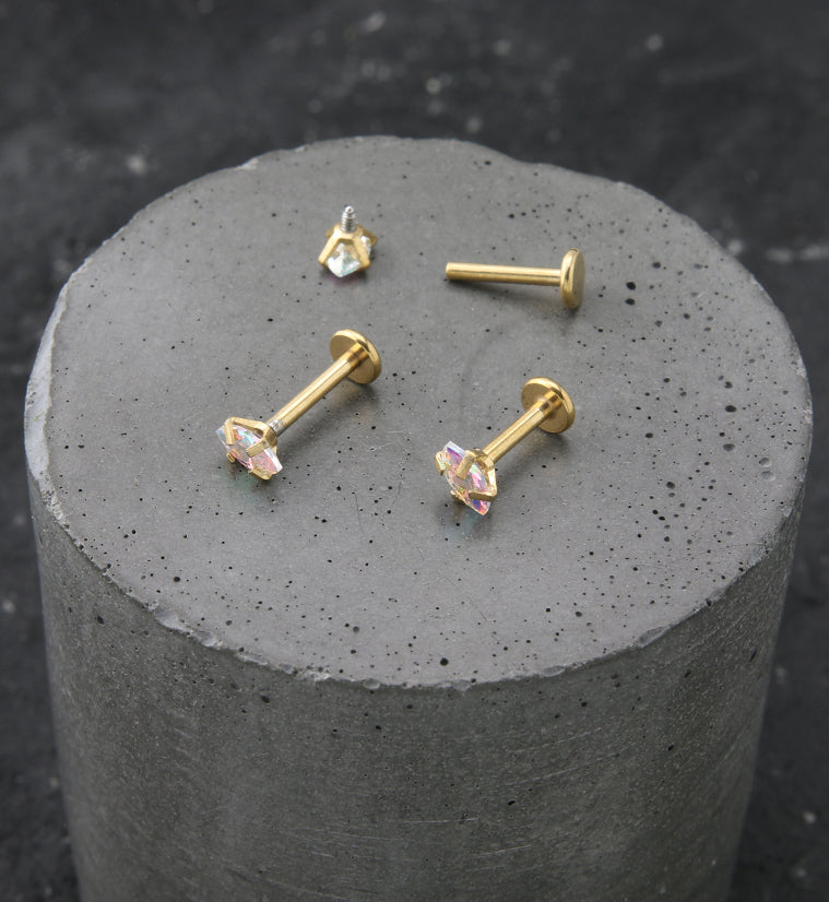 Gold PVD Rainbow Aurora Prong Oval CZ Stainless Steel Internally Threaded Labret