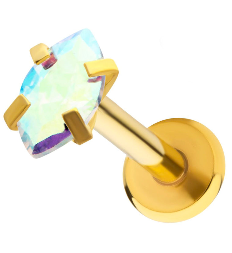 Gold PVD Rainbow Aurora Prong Oval CZ Stainless Steel Internally Threaded Labret