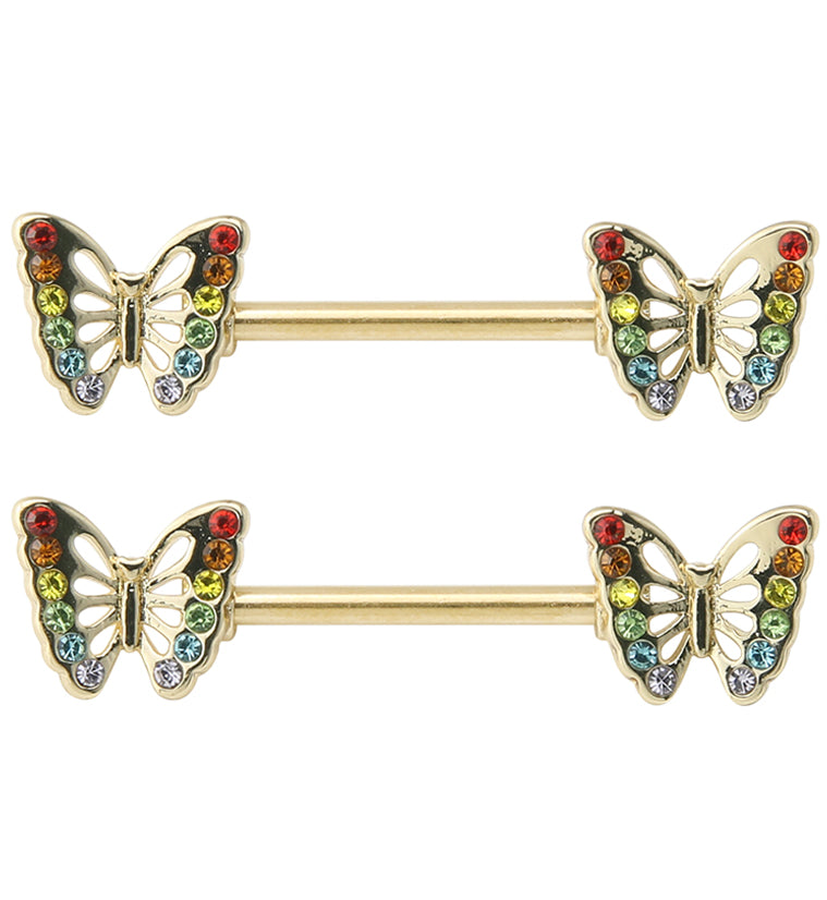 Gold PVD Rainbow Butterfly Stainless Steel Nipple Barbell