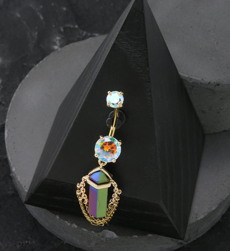 Gold PVD Rainbow Crystal Multi Dangle Chain Stainless Steel Belly Button Ring
