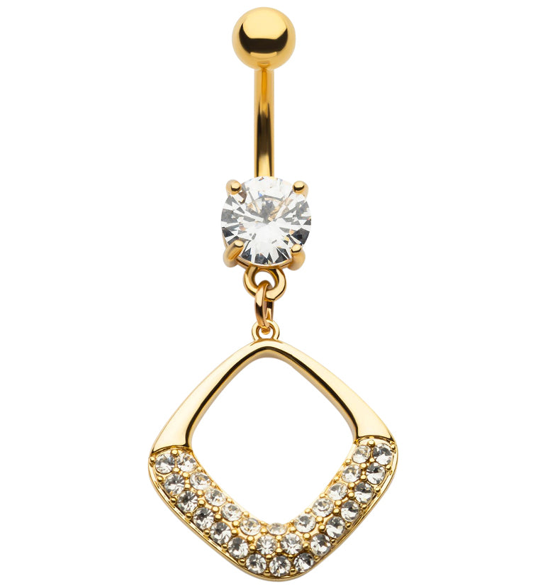 Gold PVD Rhombus Dangle Pave Clear CZ Belly Button Ring