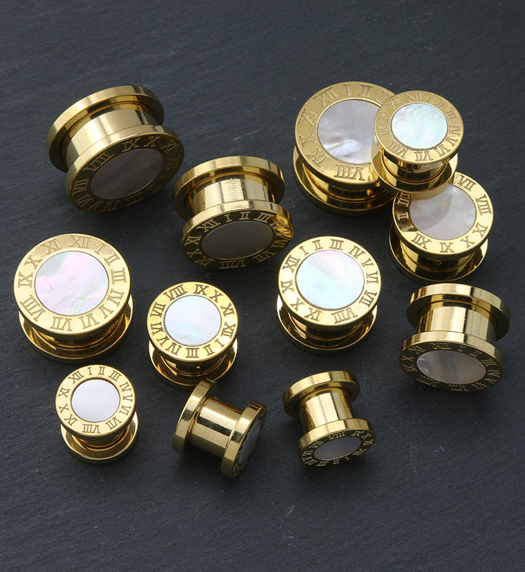 Gold PVD Roman Numeral MOP Stainless Steel Tunnels