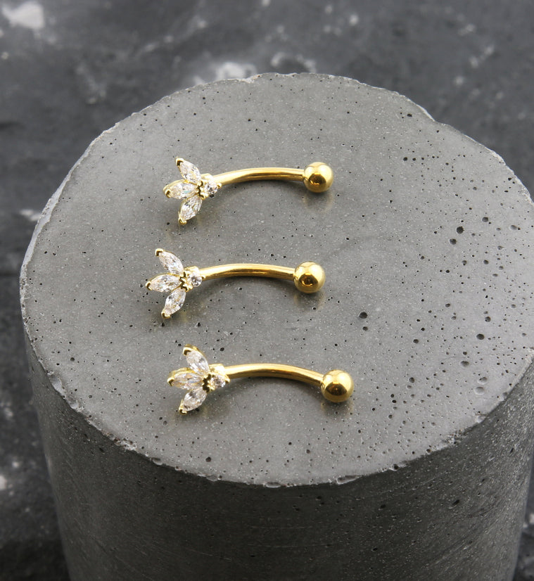Gold PVD Sepal Clear CZ Stainless Steel Curved Barbell