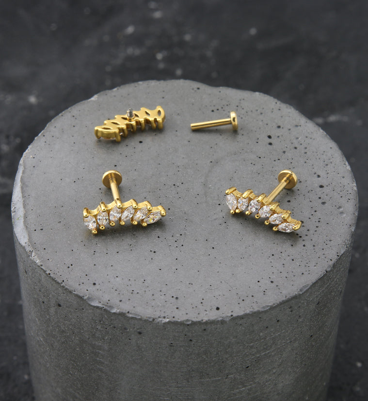 Gold PVD Sextet Clear CZ Stainless Steel Internally Threaded Labret