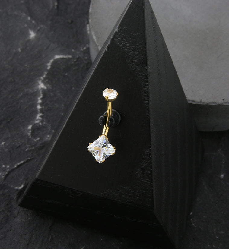 Gold PVD Square Clear CZ Internally Threaded Titanium Belly Button Ring