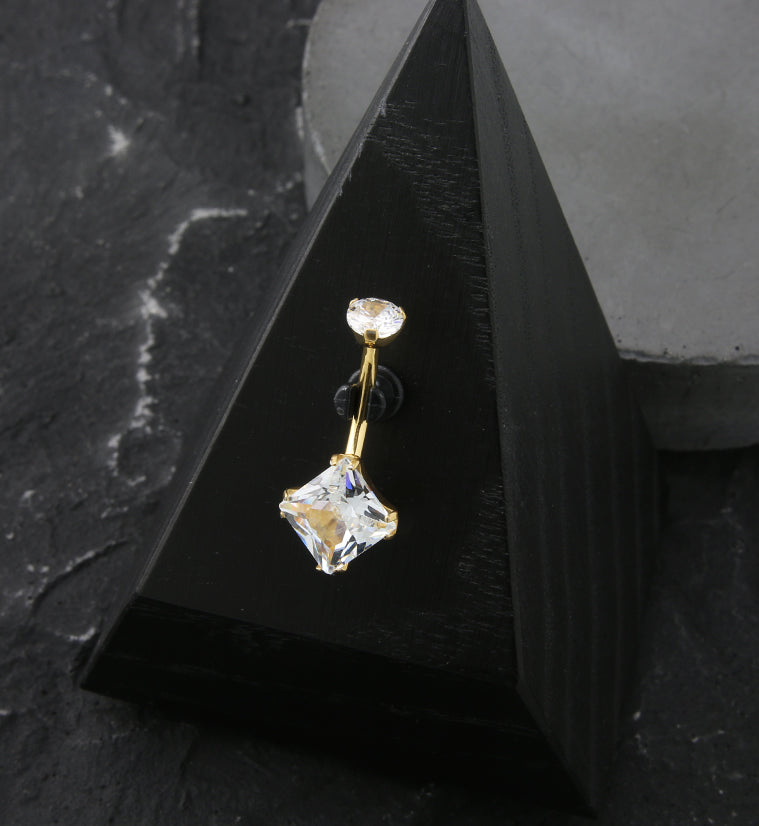 Gold PVD Square Clear CZ Internally Threaded Titanium Belly Button Ring
