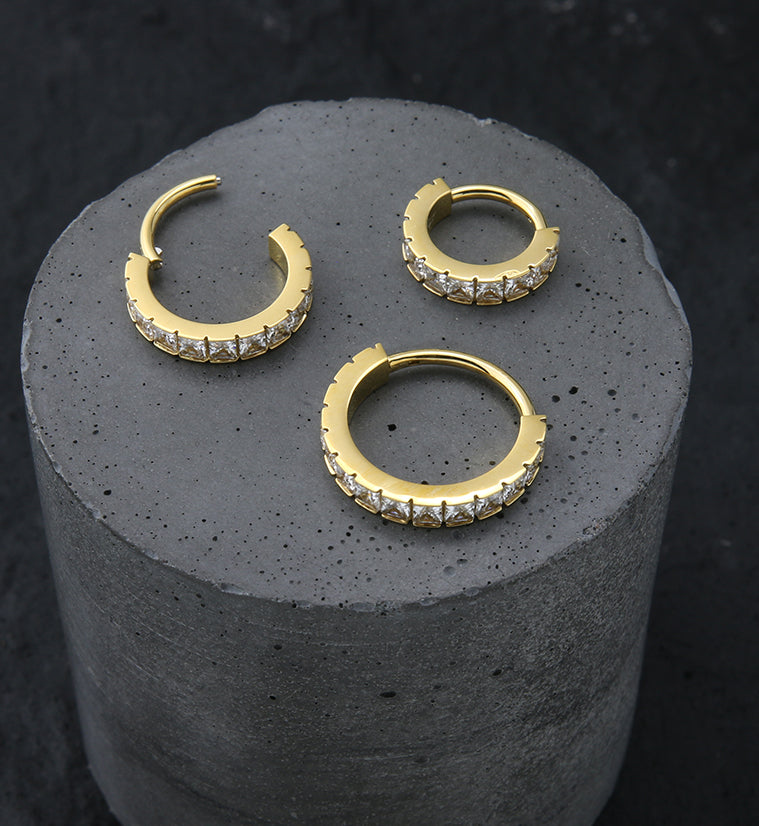 Gold PVD Square CZ Row Stainless Steel Hinged Segment Ring