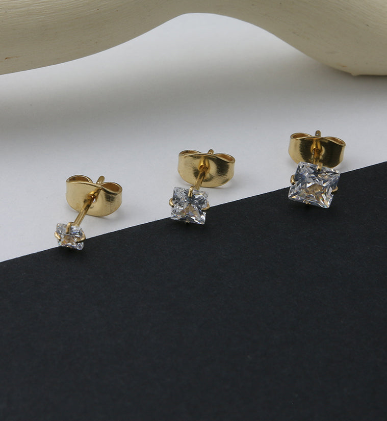 Gold PVD Square Prong CZ Titanium Earrings