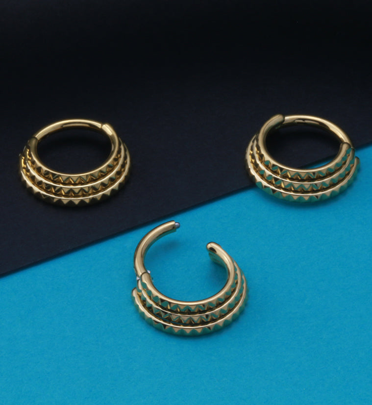 Gold PVD Stacked Polyhedra Edge Hinged Segment Ring