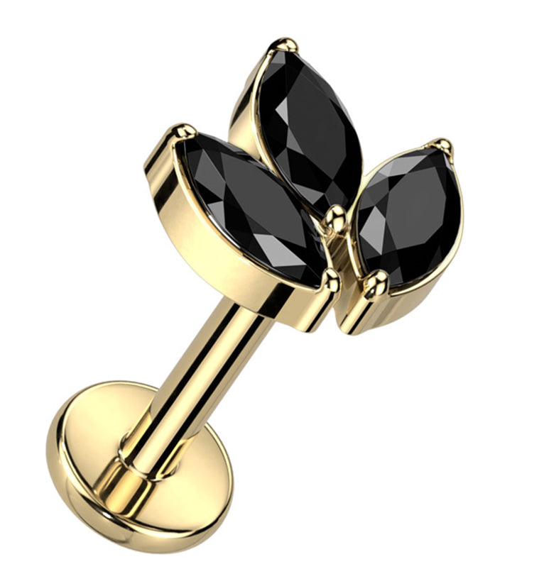 Gold PVD Tri Sepal Black CZ Titanium Internally Threaded Labret