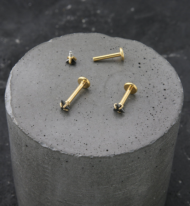 Gold PVD Triangle Black CZ Stainless Steel Internally Threaded Labret