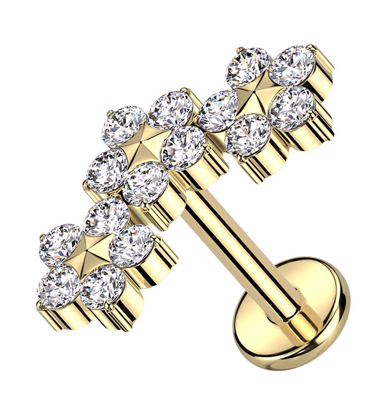 Gold PVD Triple Flower Clear CZ Internally Threaded Titanium Labret
