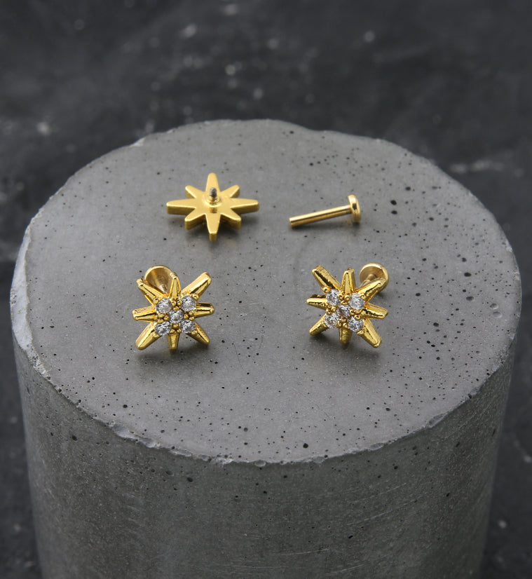 Gold PVD Twinkle Clear CZ Stainless Steel Internally Threaded Labret