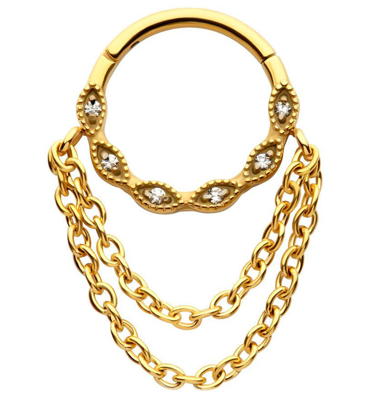 Gold PVD Twist Beaded CZ Double Dangle Chain Stainless Steel Hinged Segment Ring