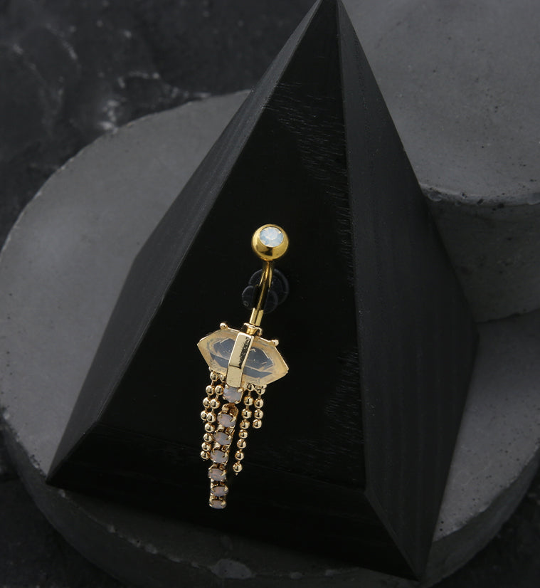 Gold PVD White Opalite Crystal Bead Chain Stainless Steel Belly Button Ring