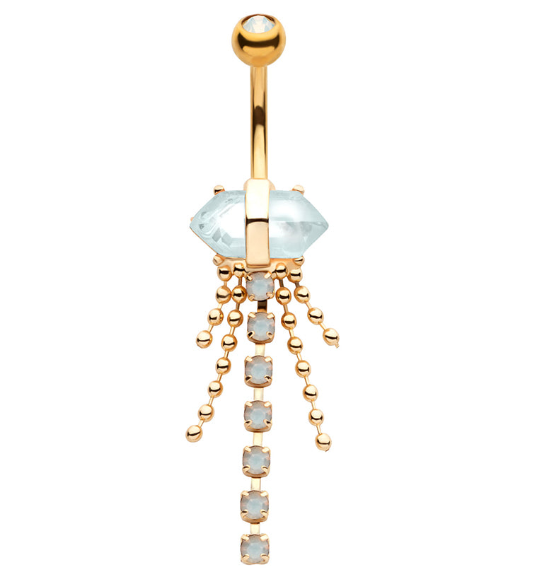 Gold PVD White Opalite Crystal Bead Chain Stainless Steel Belly Button Ring