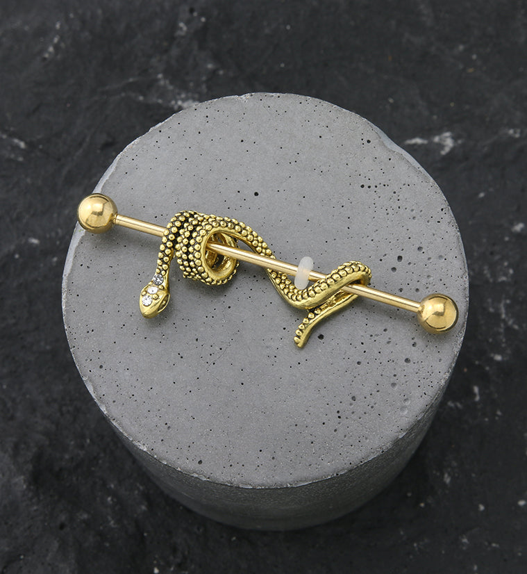 Gold PVD Wrapped Snake CZ Stainless Steel Industrial Barbell