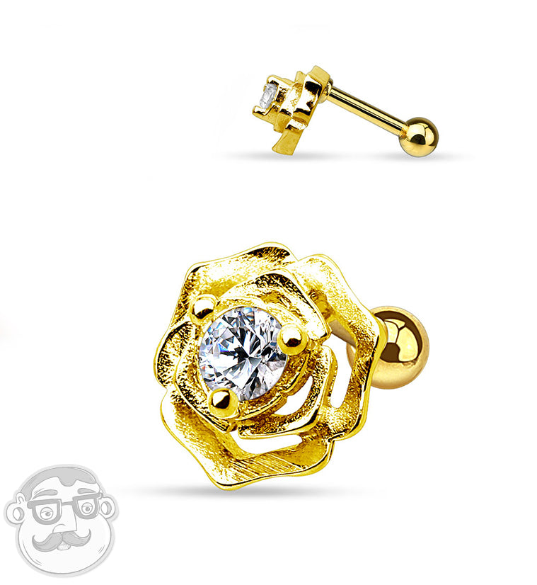 Golden Rosebud CZ Steel Tragus / Cartilage Barbell