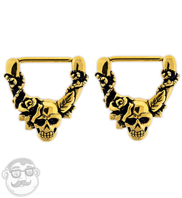 14G Gold PVD Skull & Roses Nipple Clicker