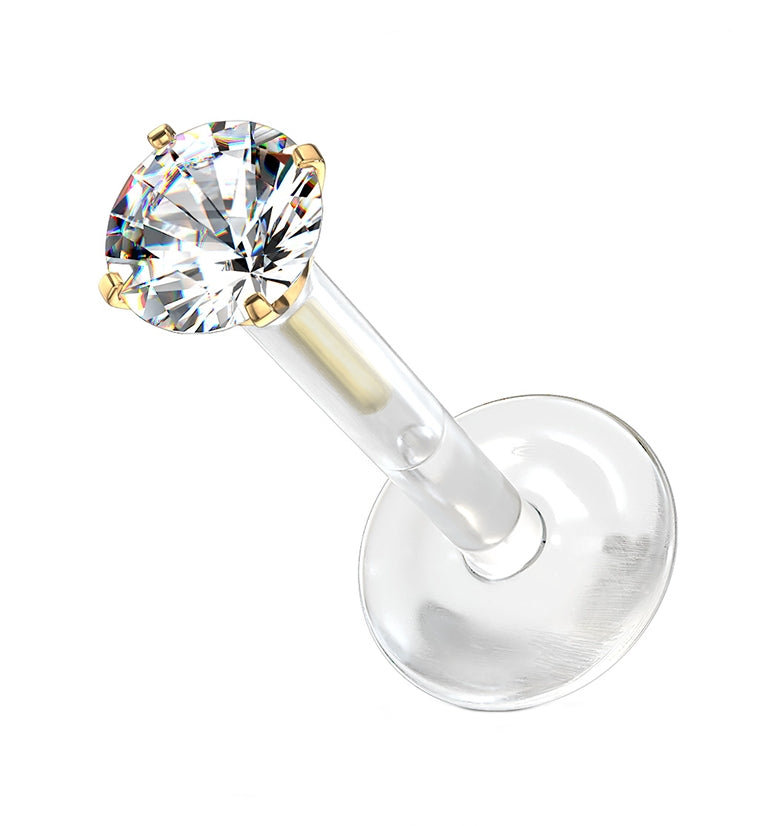 16G Gold Prong Round CZ Bioflex Labret Post