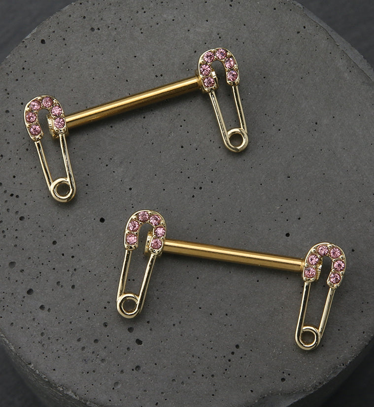 Gold PVD Safety Pin Pink CZ Stainless Steel Nipple Barbell