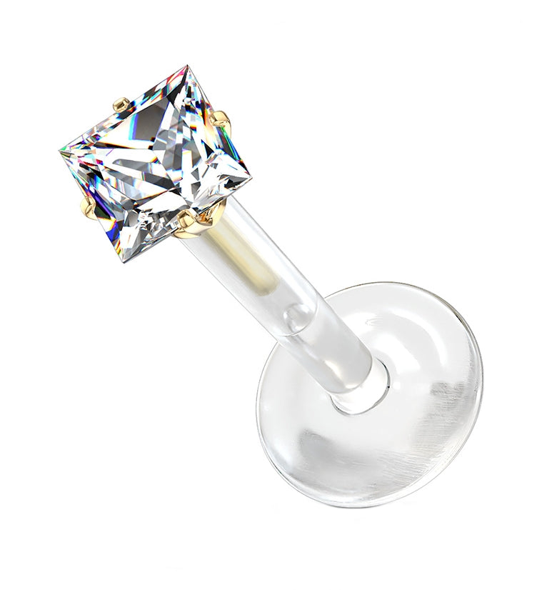 16G Gold Prong Square CZ Bioflex Labret Post