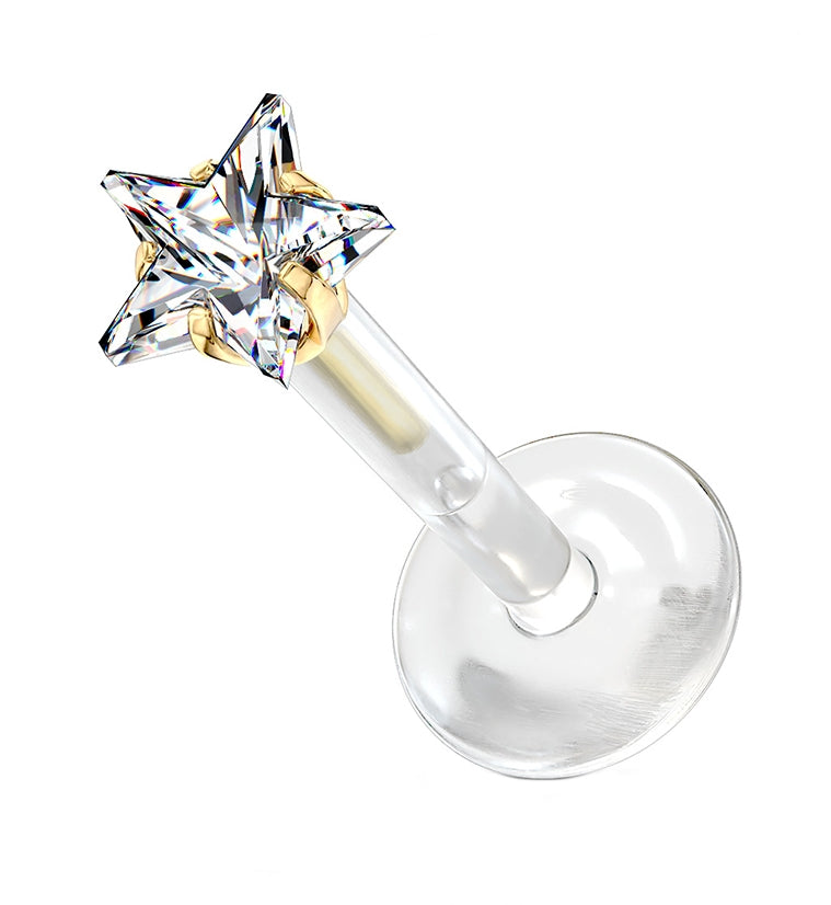 16G Gold Prong Star CZ Bioflex Labret Post