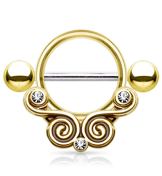 14G Gold Brass Twirl Filigree Barbell Nipple Ring Shield