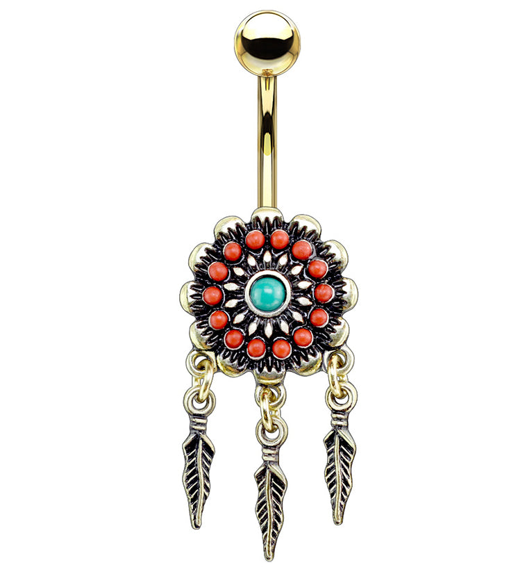 Gold PVD Tribal Flower Beaded Gem Dangle Belly Button Ring