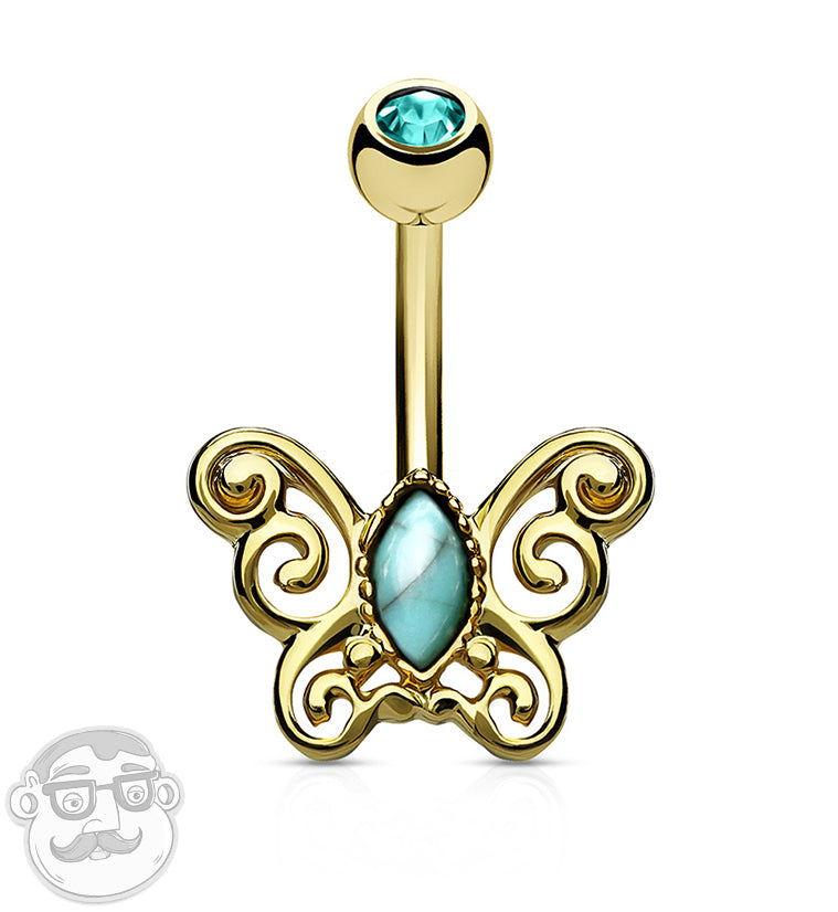 Golden Ornamental Butterfly with Turquoise Inlay Belly Button Ring