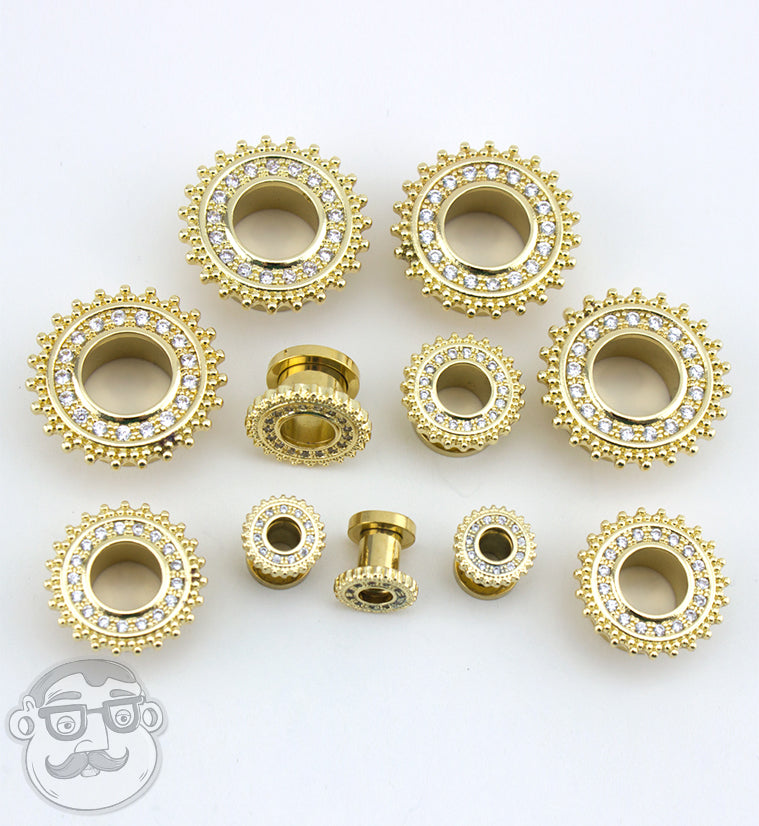 PVD Gold CZ Beaded Shield Tunnels