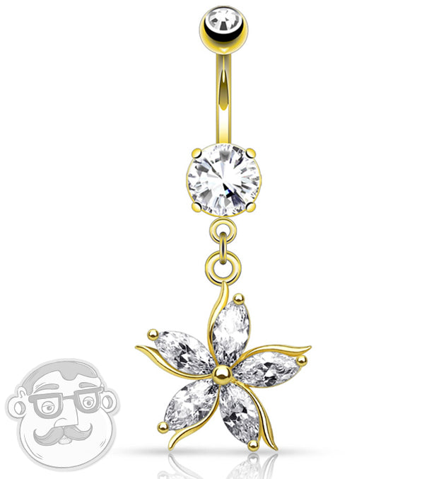 Gold Floral CZ Stainless Steel Belly Button Ring