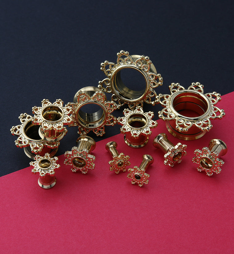 Golden Interlace Rim Stainless Steel Tunnel Plugs