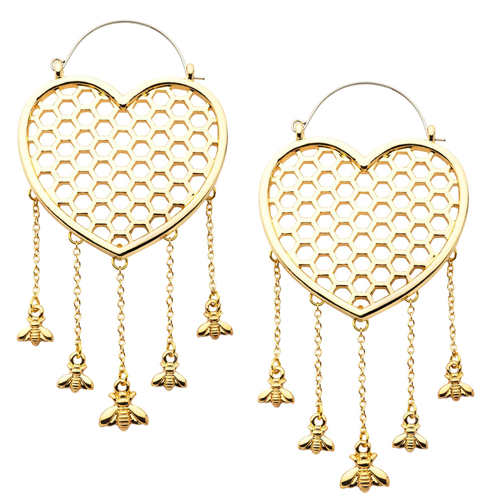 Golden Heart Honeycomb Dangle Bee Stainless Steel Plug Hoops