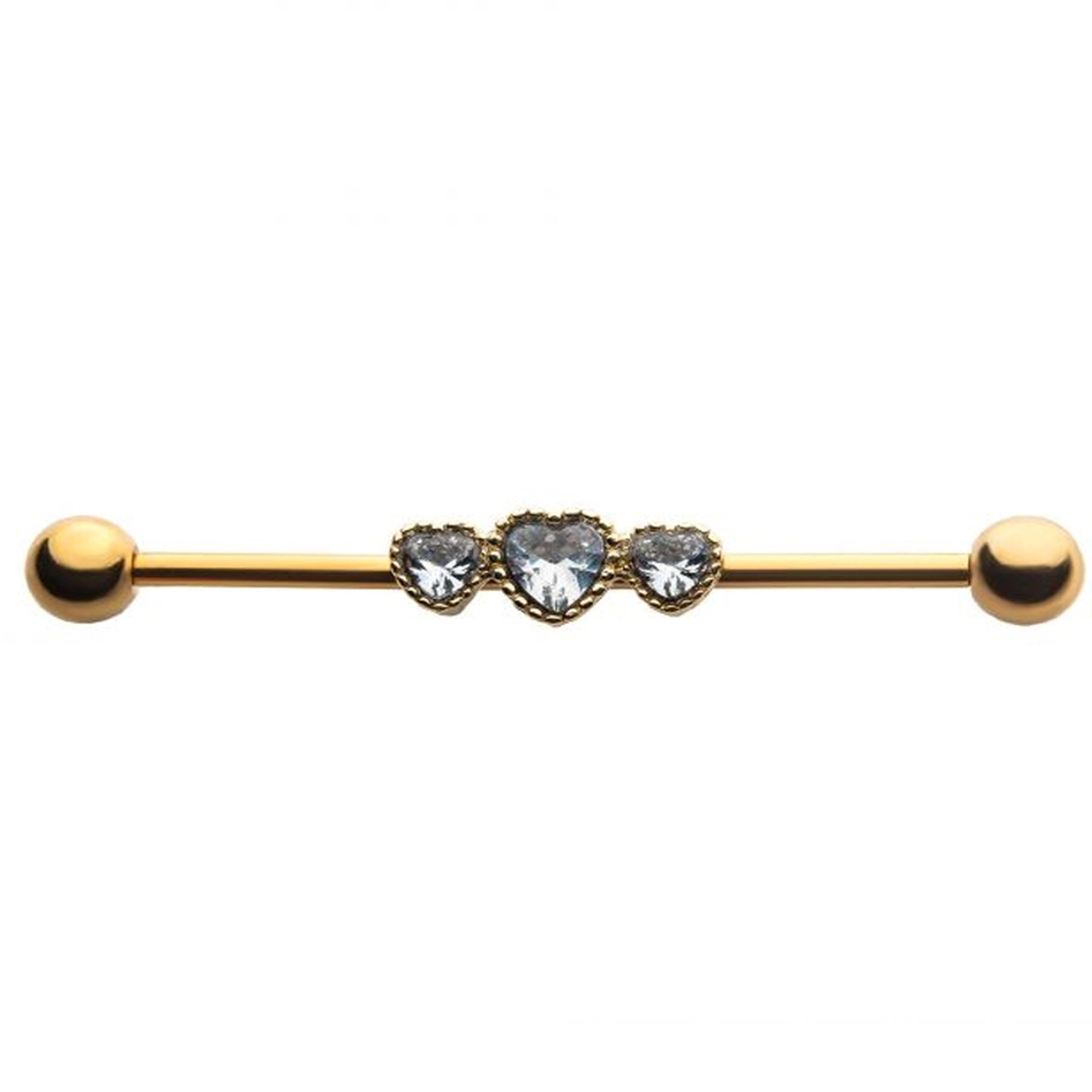 Gold PVD Triple Heart Gem Industrial Barbell