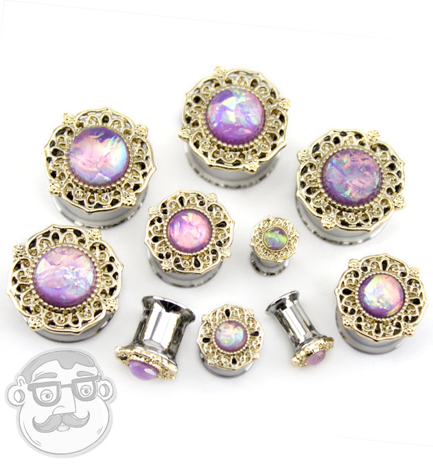 Golden Ornate With Pink Opalite Dome Stainless Steel Plugs